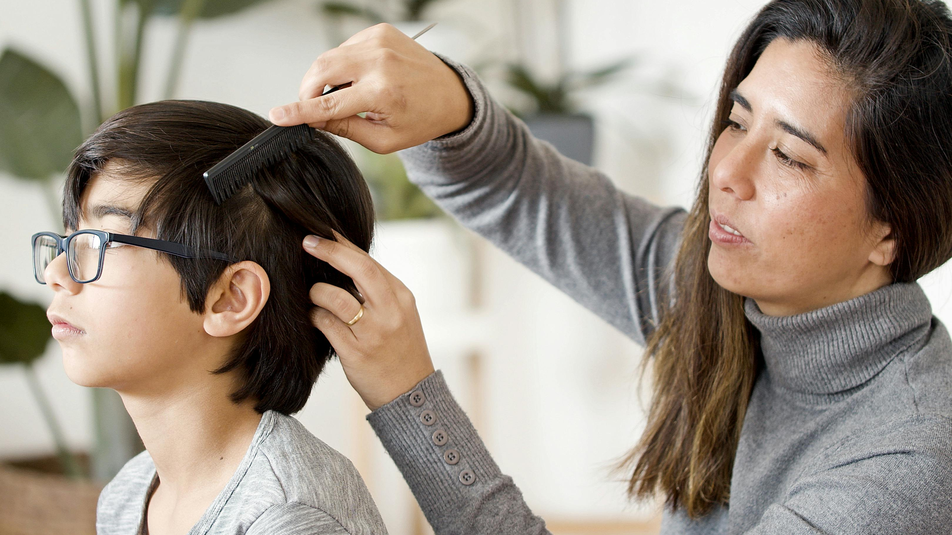 Parent checking child hair for lice eggs in Bucks County