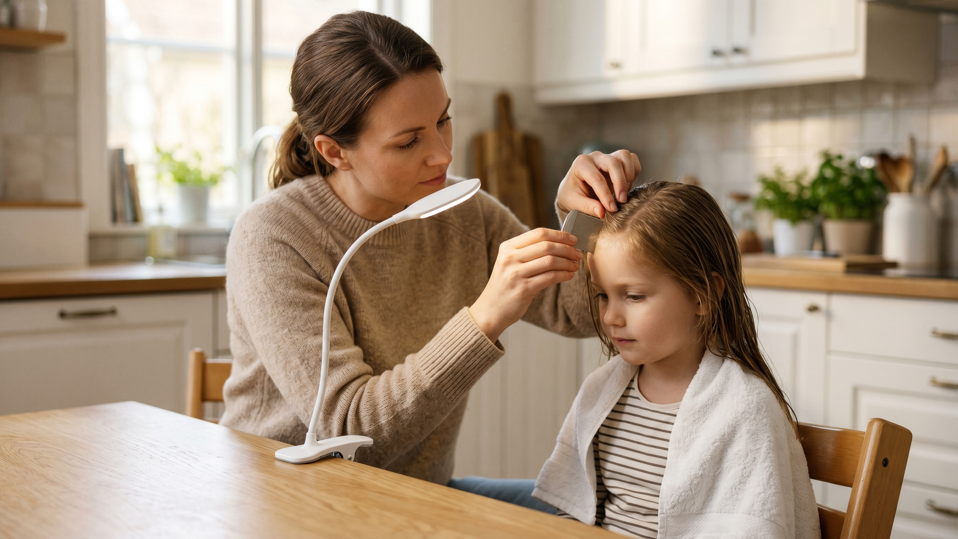 Parent parting a child's freshly washed clean hair into sections at a kitchen table to scan the scalp with a fine-tooth metal nit comb under a bright lamp.