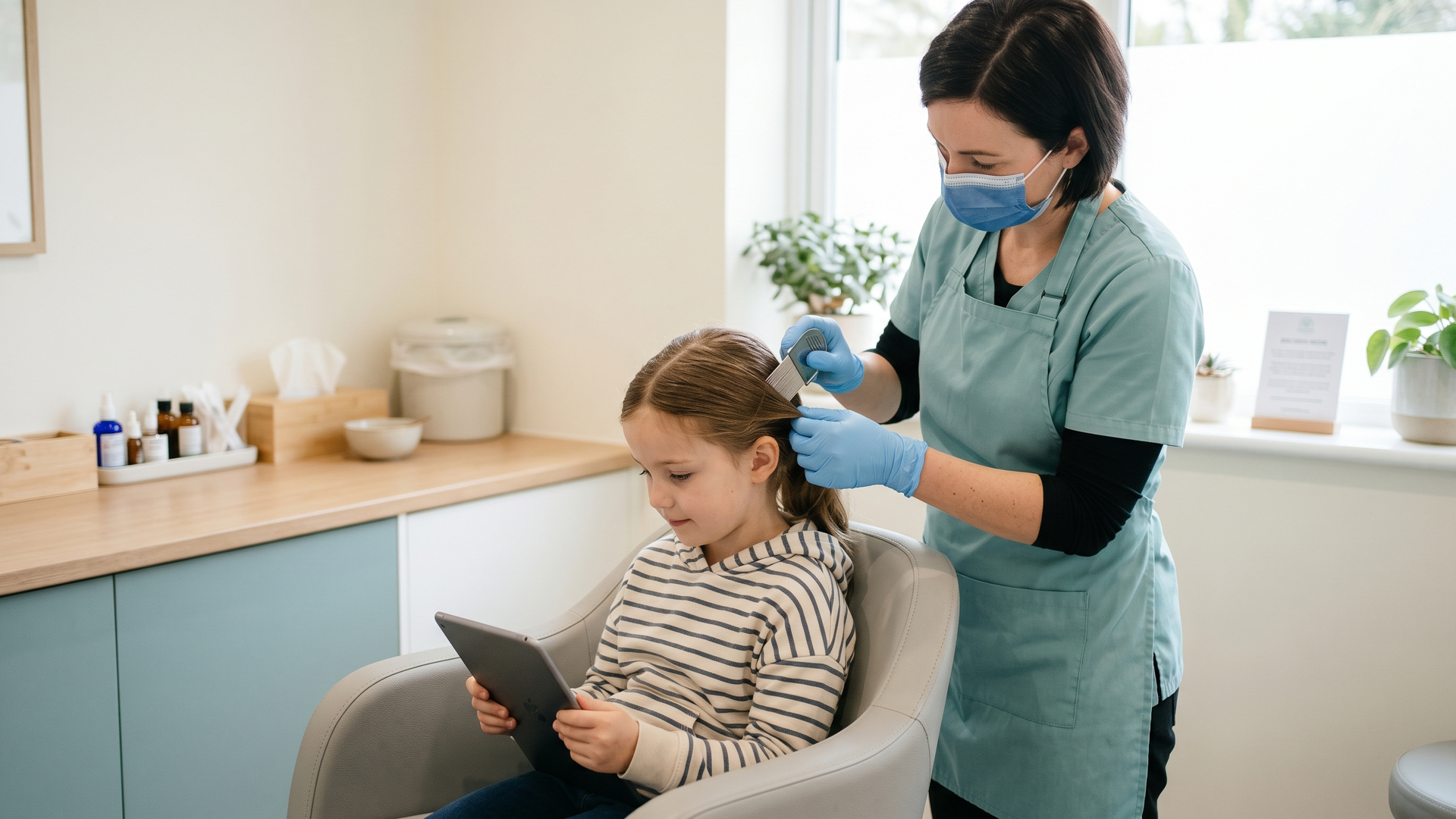 A trained head-lice technician in a soft teal uniform gently parts a school-aged girl hair with a fine stainless-steel comb at a professional lice removal clinic.