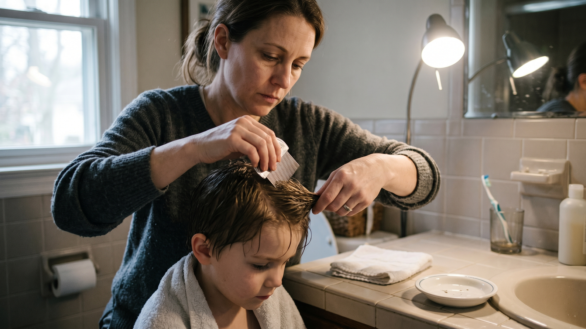 Parent in a softly lit Bucks County bathroom carefully wet-combing a child's damp hair with a fine-toothed metal nit comb, with a folded towel and a small dish on the counter.