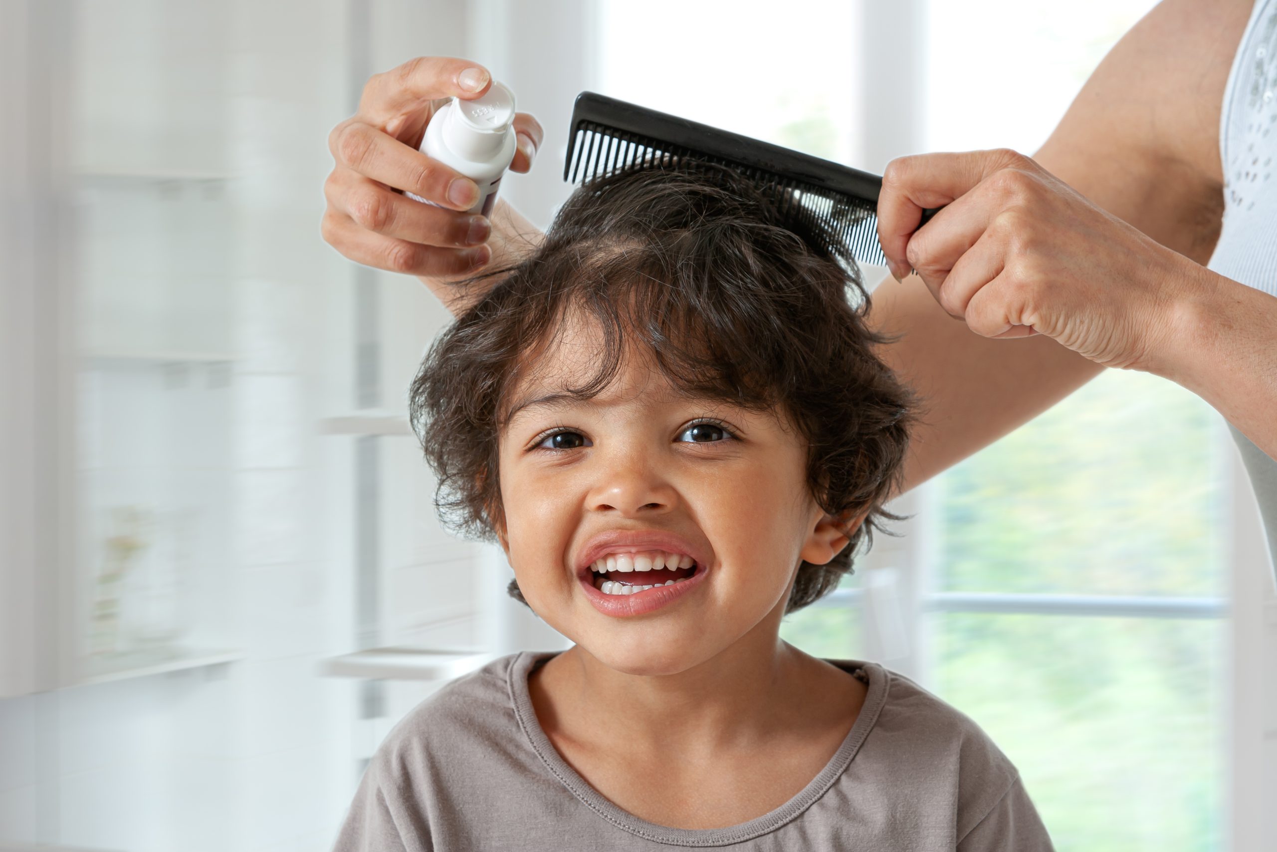 Parent using a lice-treatment comb and spray while removing nits from a child's hair.