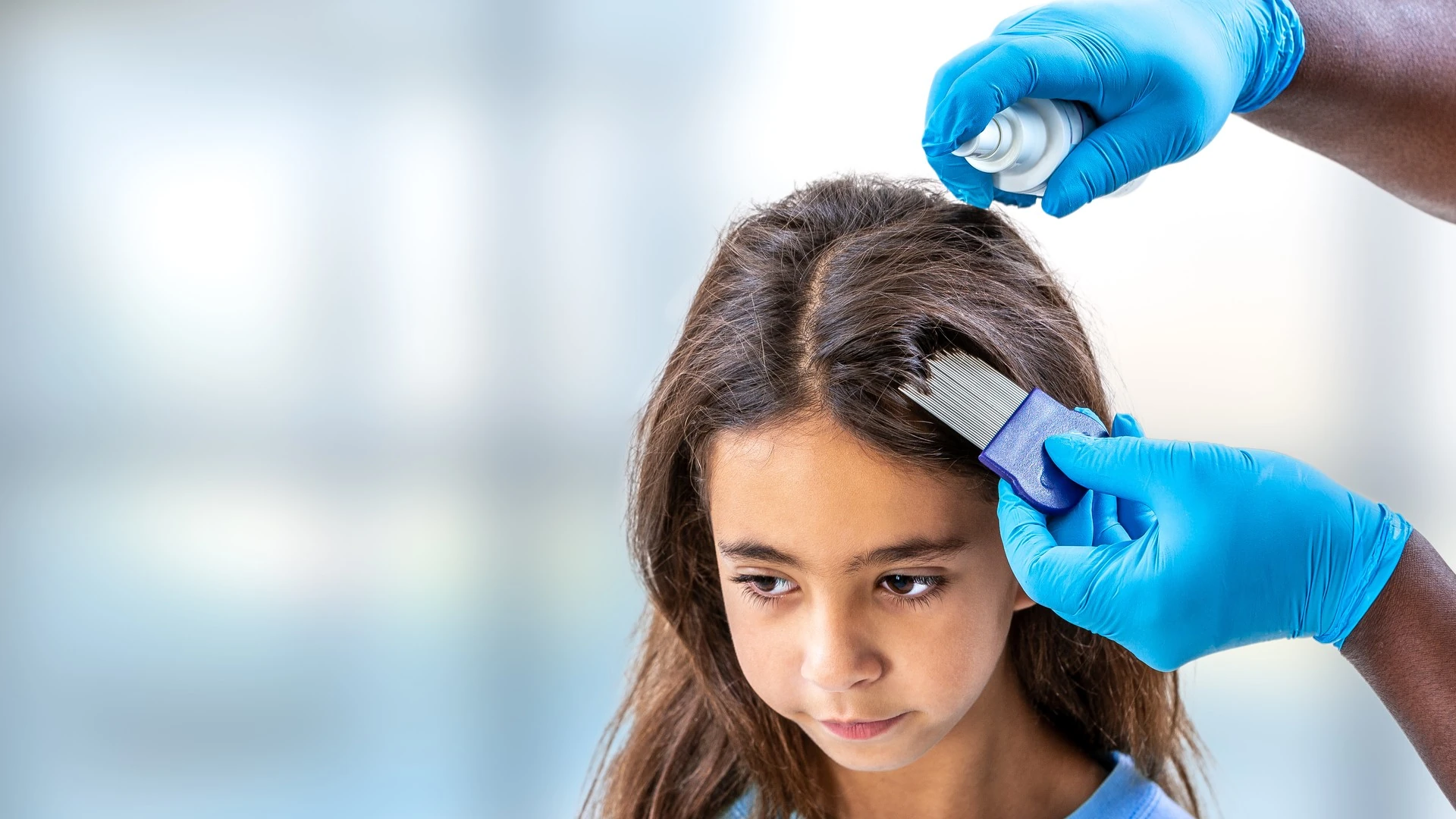 Blue-gloved hands holding a spray bottle and fine-tooth comb near a person's hair part.