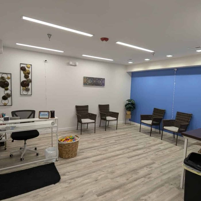 Treatment image by Lice Lifters Of Bucks County - Lice Treatment and Lice Removal Room with a desk, chairs along the walls and a blue accent wall.